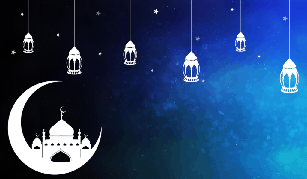 A blue night sky with hanging lanterns and a moon.
